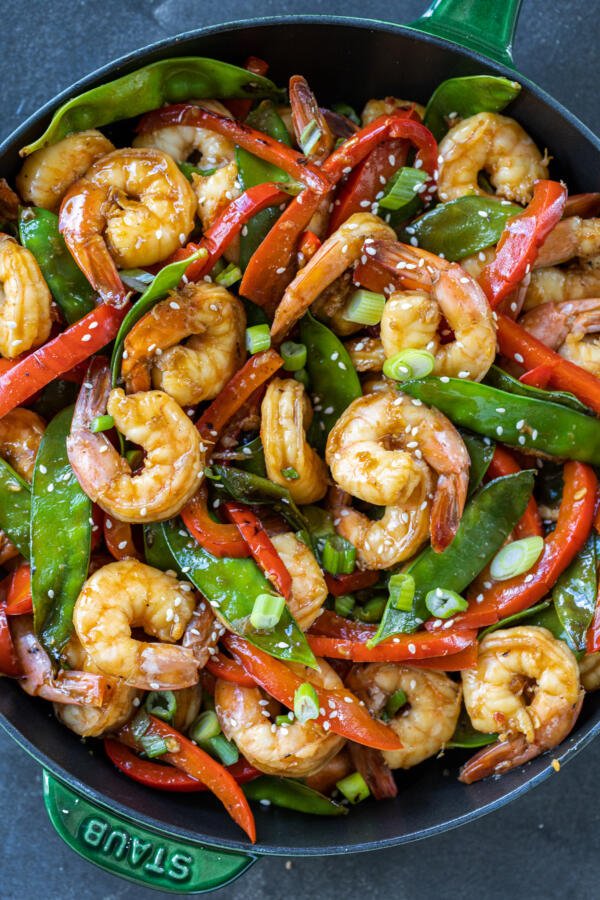 Shrimp Stir Fry in a pan. 