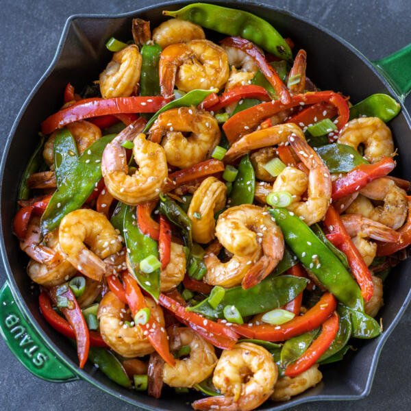 A serving pan with Shrimp Stir Fry>