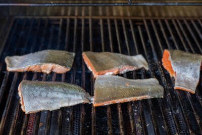 Salmon on a grill.