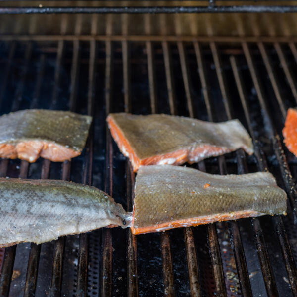 Salmon on a grill.