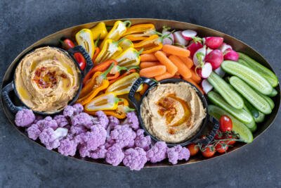 Crudite Platter with different veggies and sauce.