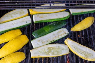 Zucchini and Squash on a grill.