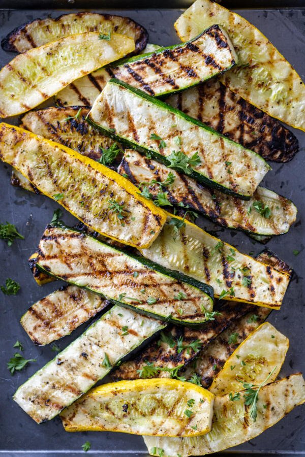 Grilled Zucchini and Squash on a serving tray. 