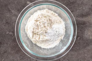 Dry ingredients in a bowl for banana pancakes.