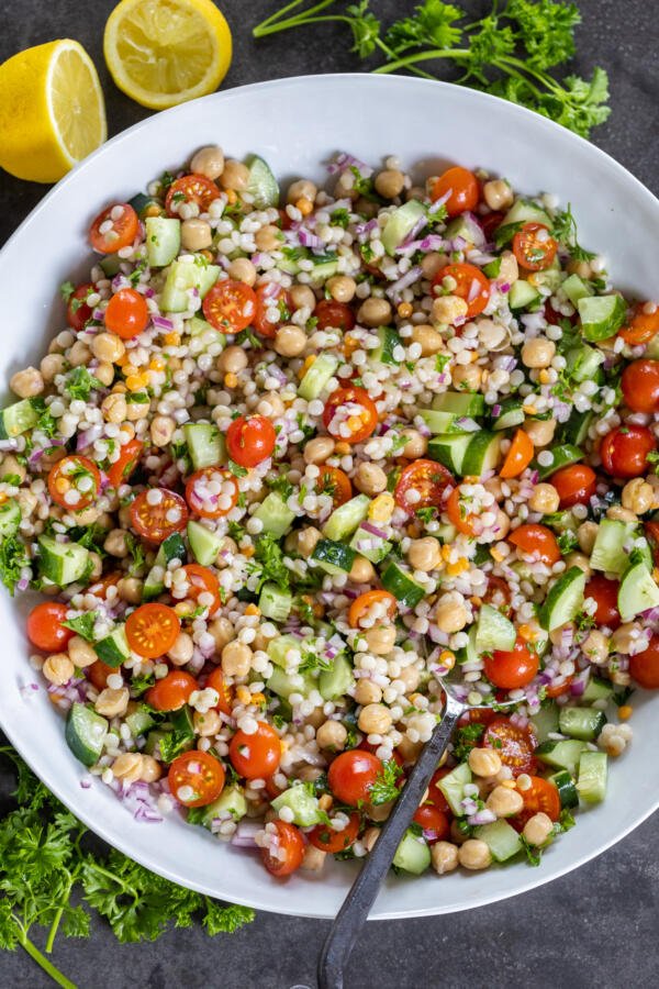 Israeli Couscous Salad in a bowl.