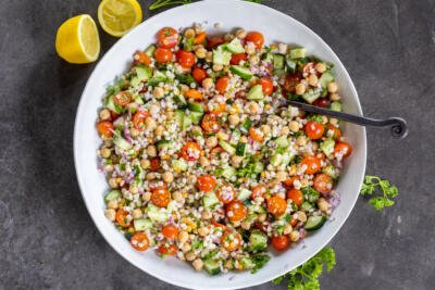 Israeli Couscous Salad in a bowl.