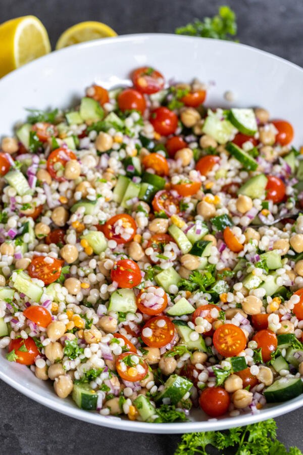Israeli Couscous Salad in a bowl.