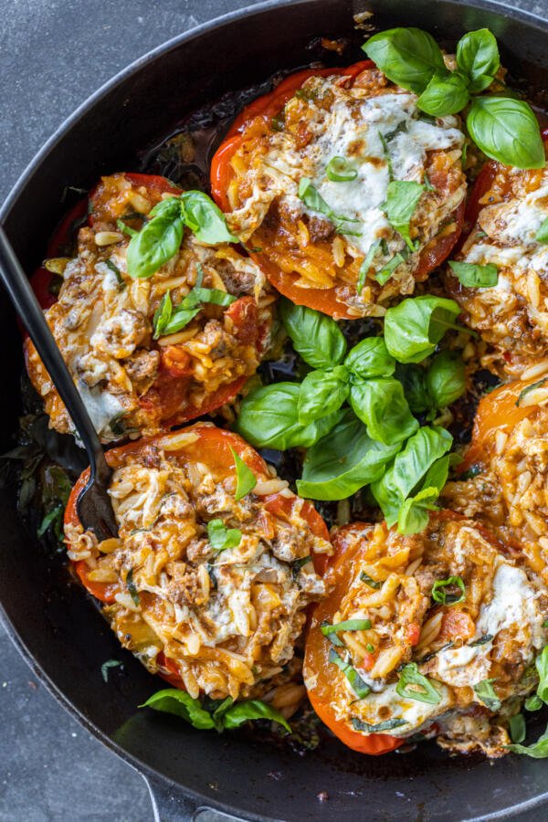 Italian Stuffed Peppers in a pan. 