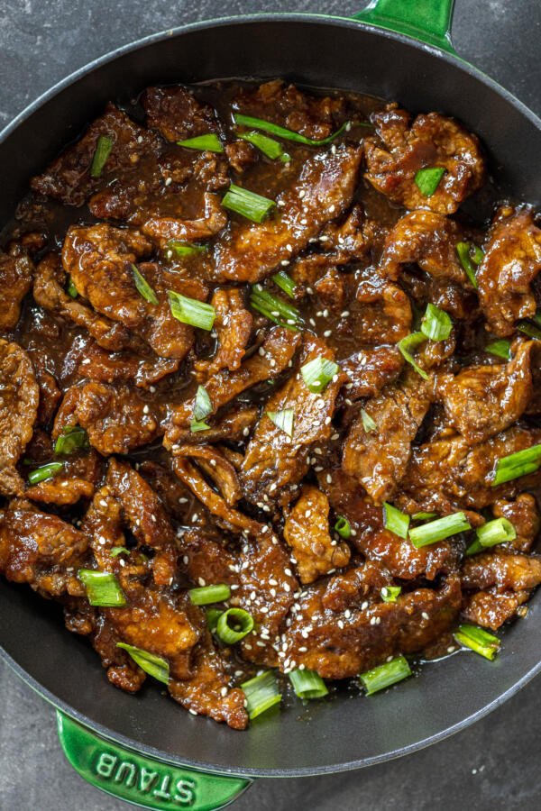 Mongolian Beef in a pan.