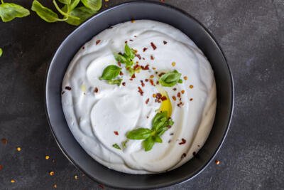 A bowl with whipped cottage cheese.