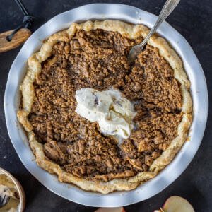 A pan with Dutch Apple Pie and ice cream.