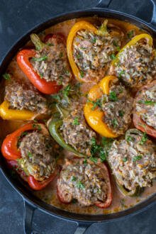 Ground Beef Stuffed Peppers in baking pan.