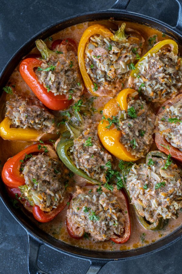 Ground Beef Stuffed Peppers in baking pan. 