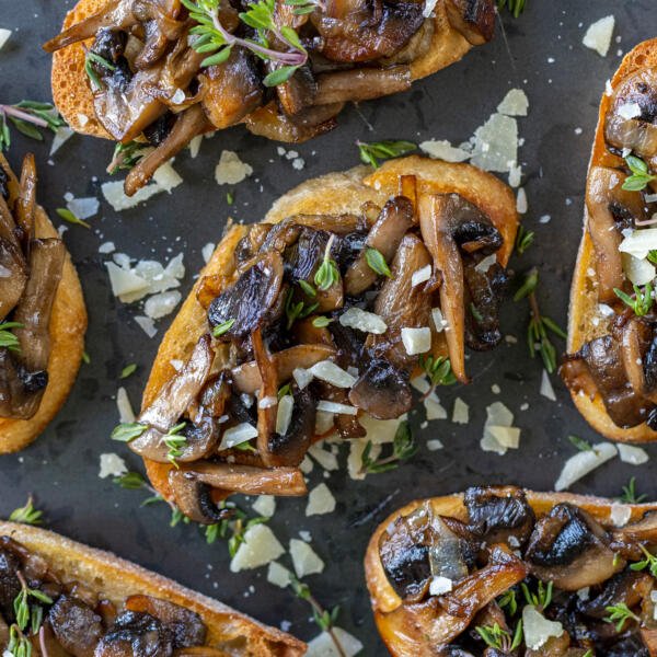 Mushroom Bruschetta with herbs and Parmesan.