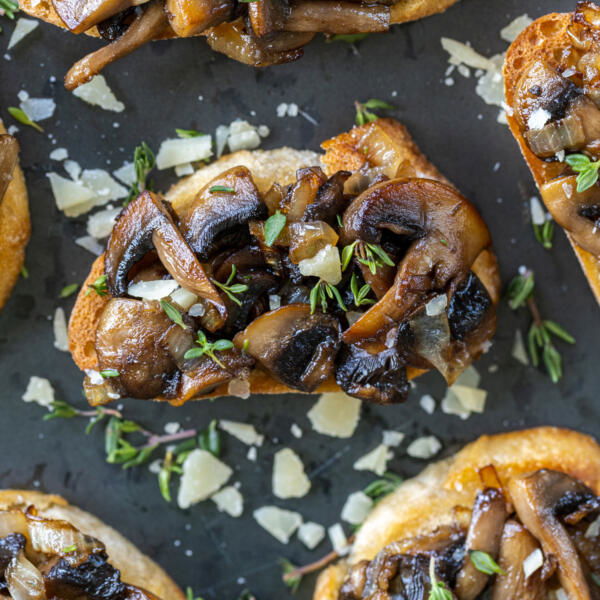 Mushroom Bruschetta with parmesan and herbs.