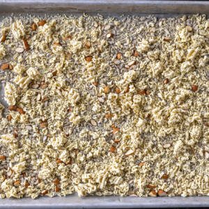 Ramen crunchy toppings on a baking sheet.