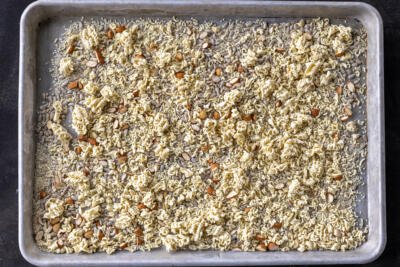 Ramen crunchy toppings on a baking sheet.