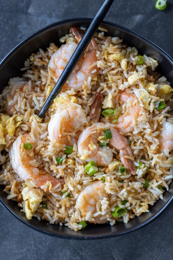 Shrimp Fried Rice in a bowl with a fork.