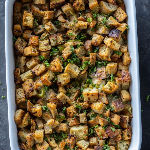 Homemade Stuffing in a baking dish.