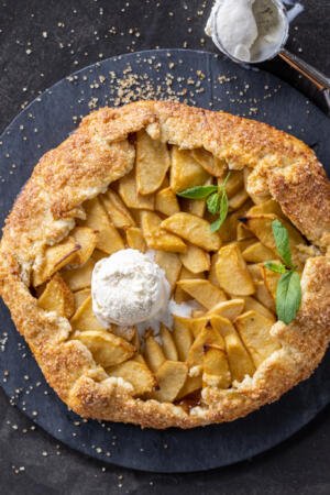 Apple Galette baked with ice cream on top.