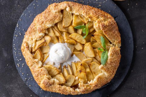 Apple Galette on a tray with ice cream.