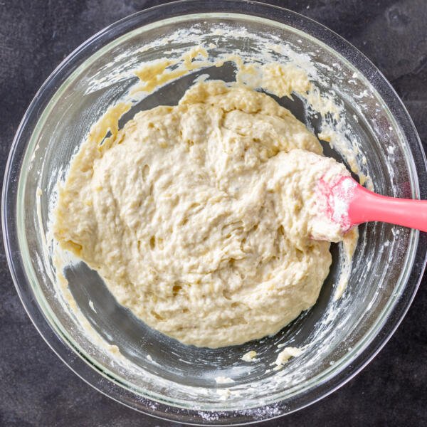 Banana waffle batter in a bowl.