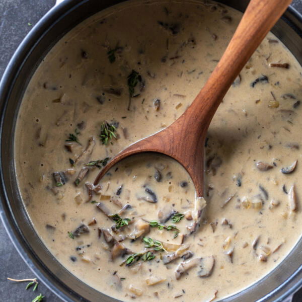 A pot with Cream of Mushroom Soup and a scoop.