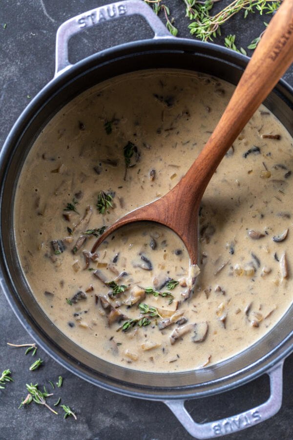 A pot with Cream of Mushroom Soup and a scoop.