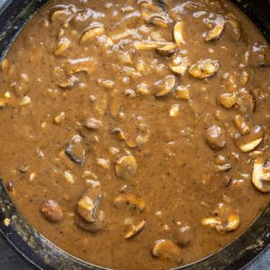 Mushroom sauce in a pan.