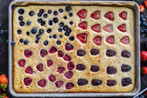Sheet Pan Pancakes baked with berries.