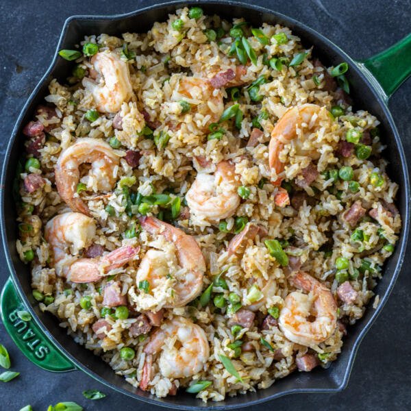 Prepared Young Chow Fried Rice in a serving dish.