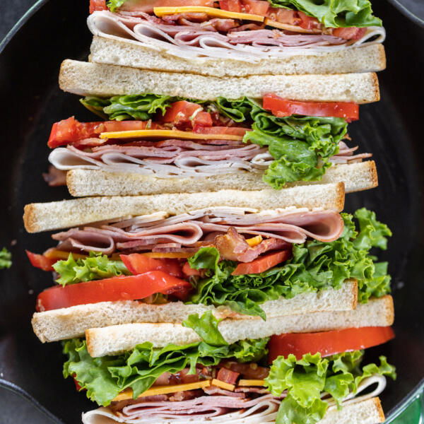 Pan with Club Sandwiches.