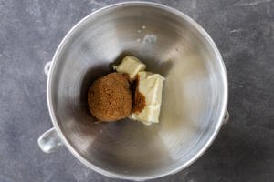 Butter and brown sugar in a mixing bowl.
