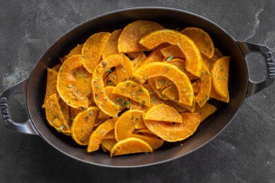 Roasted Butternut Squash in a pan.