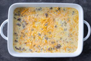 Tater Tots with sauce and meat in a casserole dish.