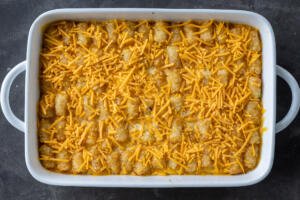 Tater Tot Breakfast Casserole with cheese on top.