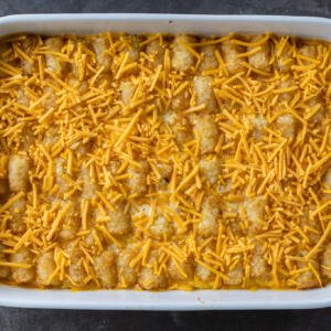 Tater Tot Breakfast Casserole with cheese on top.