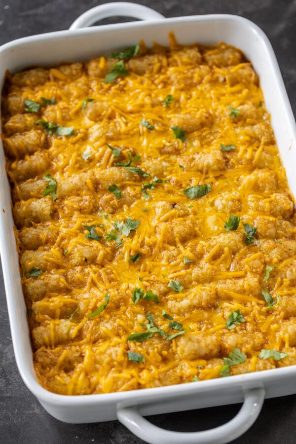 Tater Tot Breakfast Casserole in a baking dish.