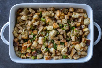 Homemade Stuffing before baking in a pan.