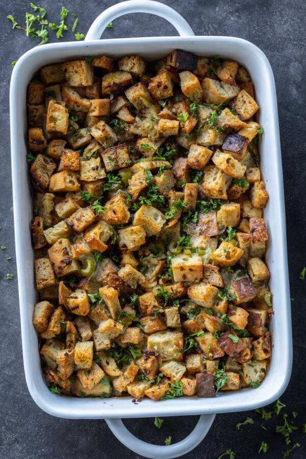 Baking pan with Homemade Stuffing. 