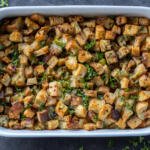 Homemade Stuffing in a baking pan.