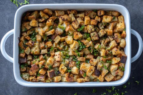Homemade Stuffing in a baking pan.