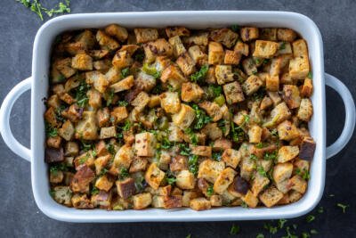 Homemade Stuffing in a pan.