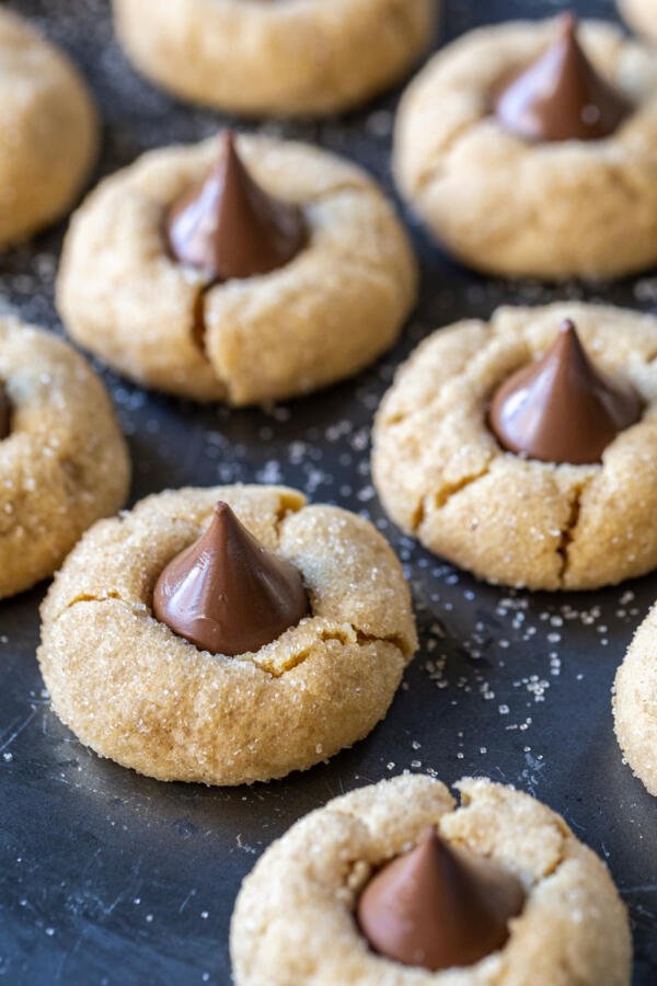 Peanut Butter Blossoms on a counter.