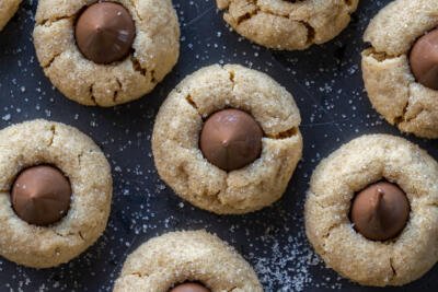 Peanut Butter Blossoms cookies with sugar sprinkled.