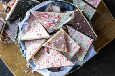 Peppermint Bark in a box with bark around it.