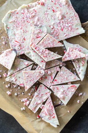 Cutting board with Peppermint Bark.
