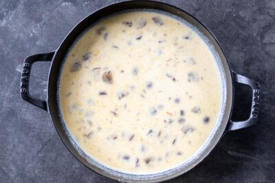 Mushroom sauce in a pan.