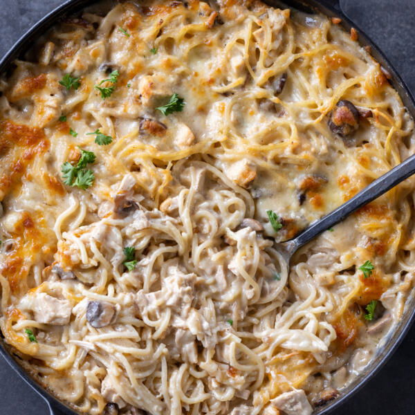 Pan with a spoon and Turkey Tetrazzini.