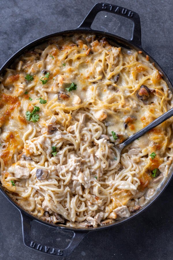 Pan with a spoon and Turkey Tetrazzini.